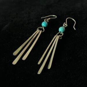 Vintage HOB MEXICO Sterling Silver Paddle Drop Turquoise Bead Dangle Earrings 3”